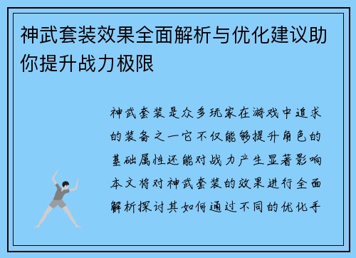 神武套装效果全面解析与优化建议助你提升战力极限